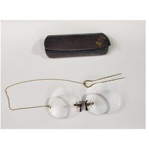 Antique 10k Gold Pince Nez Eyeglasses Chain Hair Pin & Case Art Deco